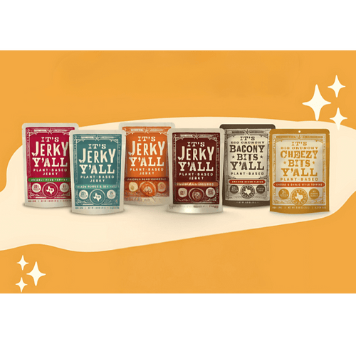 A colorful lineup of All Y’alls Foods’ plant-based snacks, including vegan jerky and crunchy toppings, showcasing bold flavors available at https://allyallsfoods.com/.