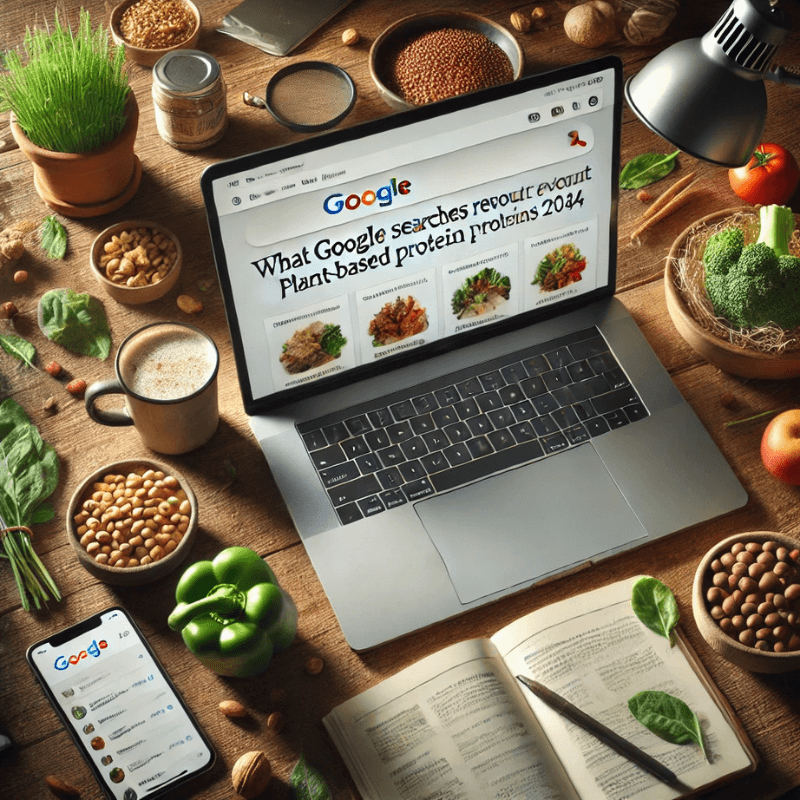 An inviting workspace featuring a laptop with search results for plant-based protein trends, surrounded by fresh vegetables, legumes, and plant jerky.