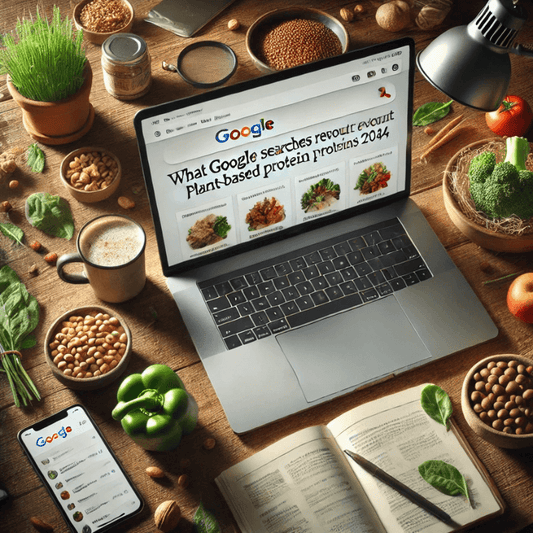 An inviting workspace featuring a laptop with search results for plant-based protein trends, surrounded by fresh vegetables, legumes, and plant jerky.