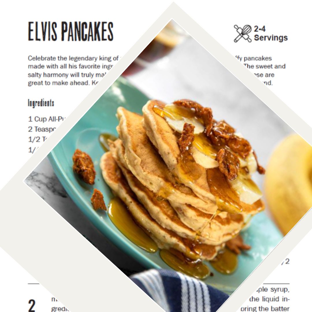 A stack of fluffy pancakes topped with banana slices, crispy bacon bits, and drizzled with syrup, served on a teal plate for a sweet and savory breakfast treat.