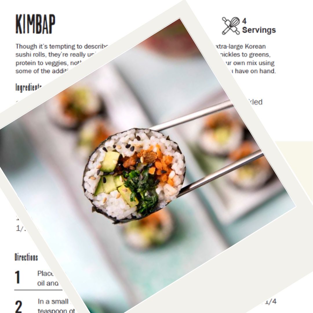 A close-up view of a kimbap roll held by chopsticks, showcasing vibrant fillings like rice, vegetables, and pickled ingredients wrapped in seaweed.