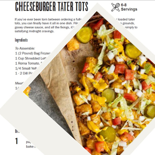 A tray of cheeseburger-inspired tater tots topped with melted cheese, pickles, diced tomatoes, shredded lettuce, and onions for a loaded comfort food dish.