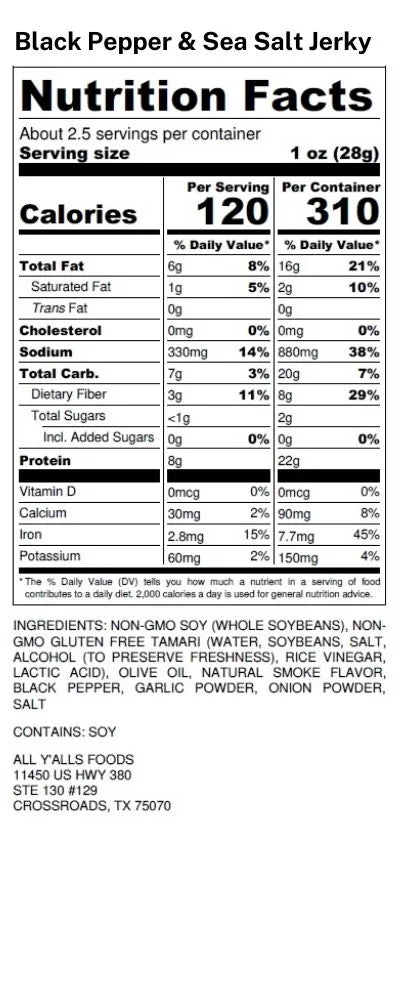 Nutrition facts label for All Y'all's Foods Black Pepper & Sea Salt plant-based jerky, highlighting the ingredients and nutritional content of their bacon bits meatless product.