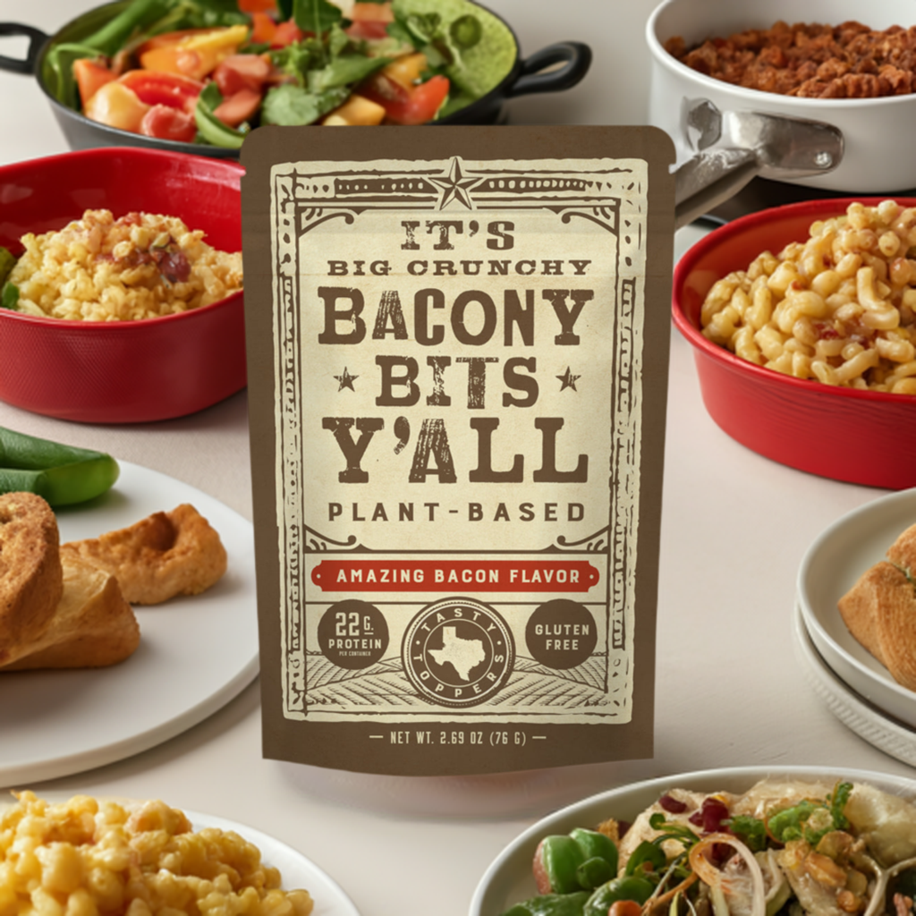 Bag of 'Big Crunchy Bacony Bits Y'all' plant-based, gluten-free vegan snacks with amazing bacon flavor.