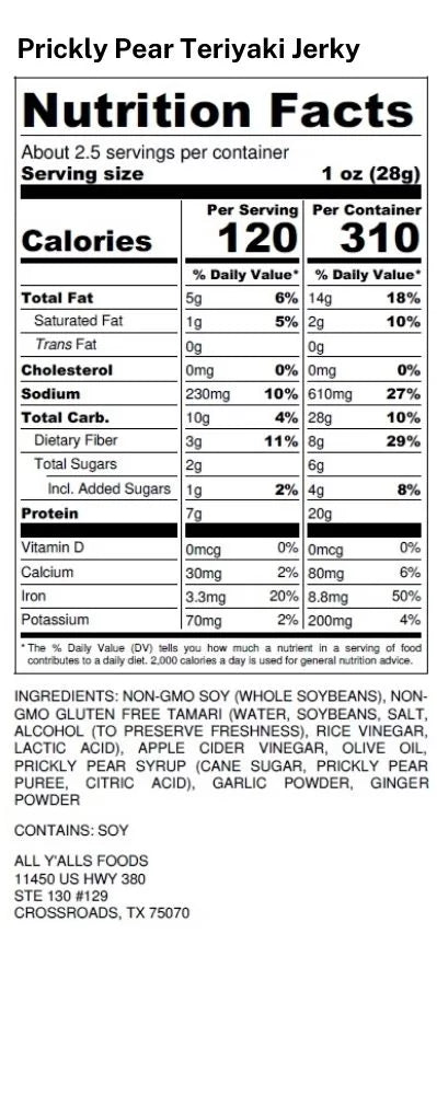 Nutrition facts label for All Y'all's Foods Prickly Pear Teriyaki plant-based jerky, detailing the ingredients and nutritional content of their bacon bits meatless product.