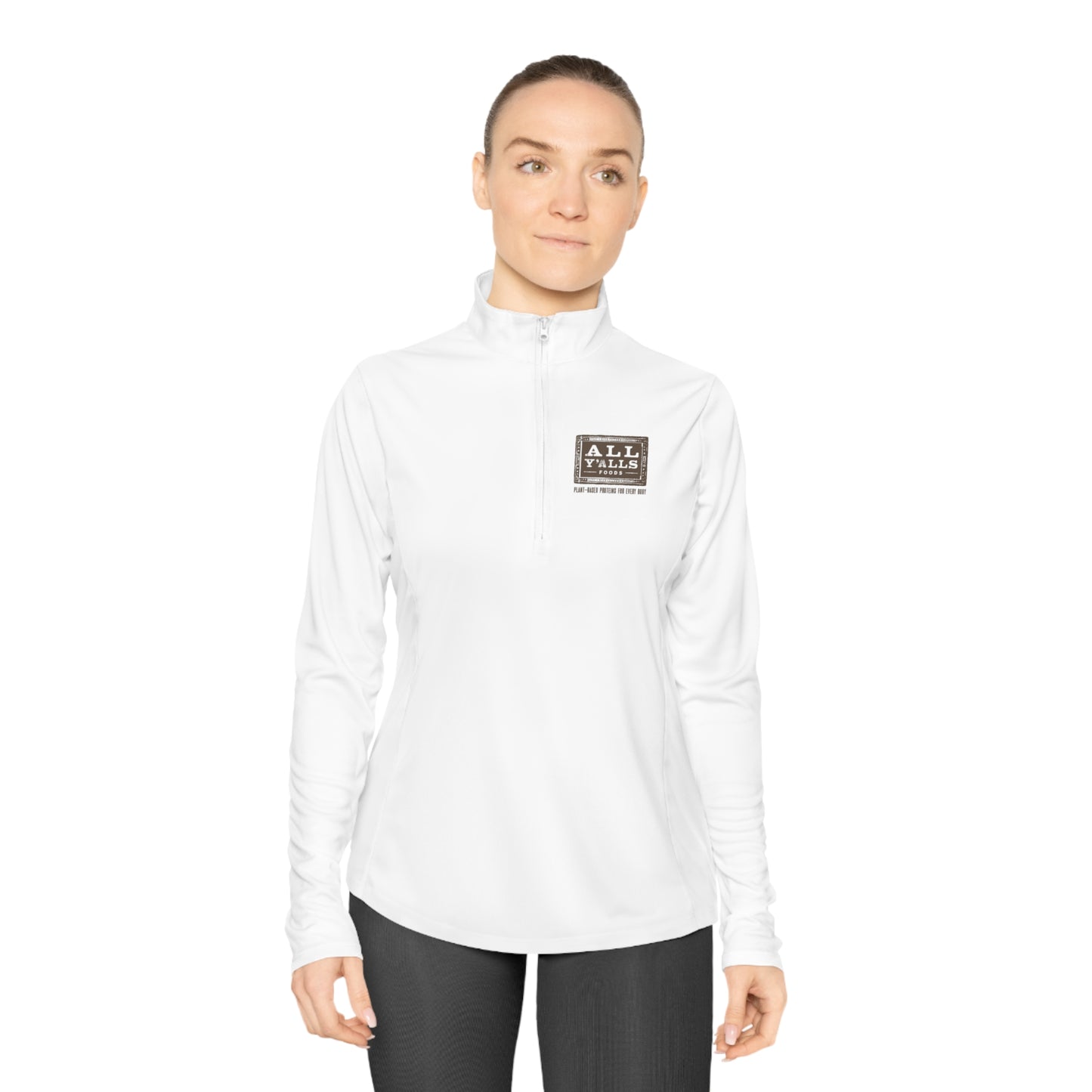 Model wearing a women's quarter zip pullover in white, branded with All Y'alls Foods logo, offering a sleek and comfortable fit for casual or active wear.