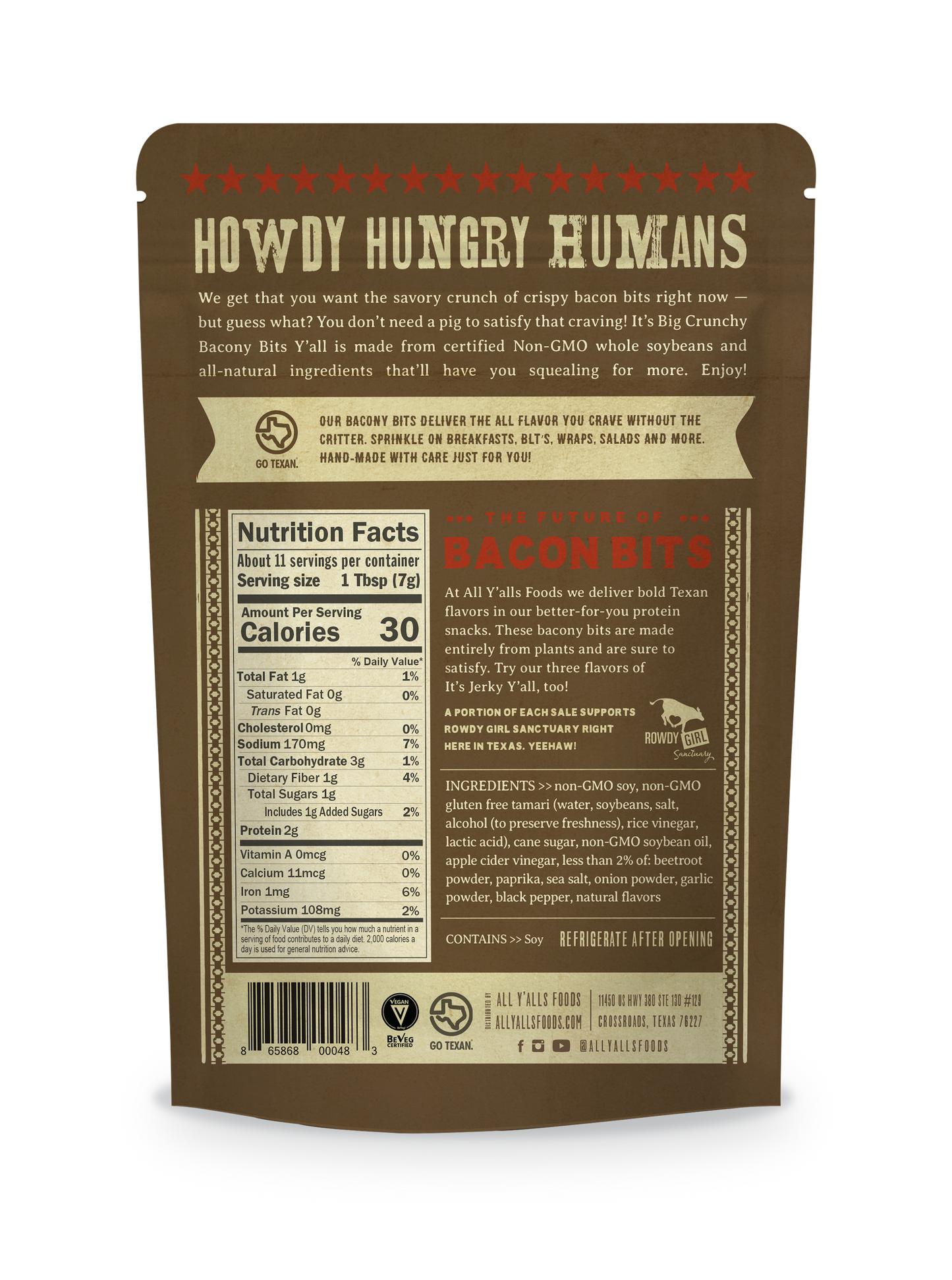 Back of 'Big Crunchy Bacony Bits Y'all' plant-based vegan friendly snacks by All Y'alls Foods, showing nutritional information and product details.