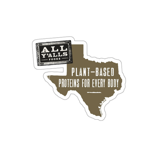 All Y'alls Foods Texas-shaped die-cut sticker on laptop. Plant-based protein logo, vegan brand marketing.