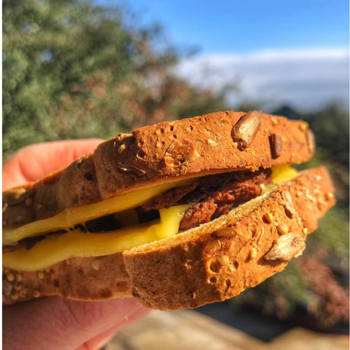 A delicious vegan sandwich featuring plant-based cheese and jerky, crafted for a wholesome meal, inspired by products from https://allyallsfoods.com/.