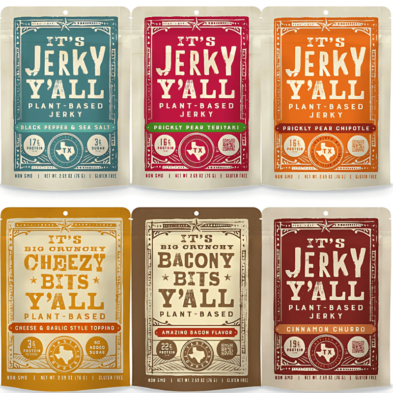 A colorful lineup of All Y’alls Foods plant-based jerky and crunchy bits in various flavors, showcasing the diverse snack options available.