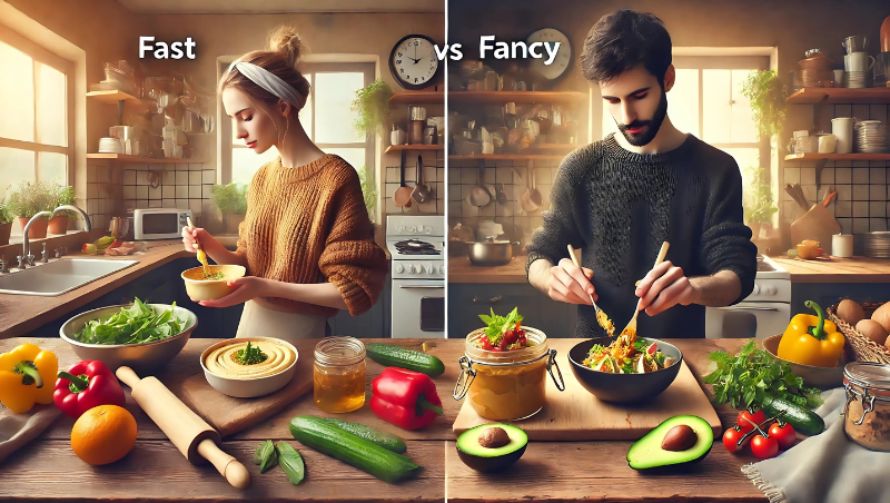 A side-by-side view of individuals preparing quick and elaborate vegan dishes, highlighting the versatility of plant-based jerky in snacks.