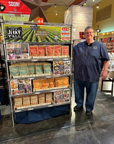 A large retail display featuring a wide selection of plant-based jerky, highlighting its appeal and premium placement in the store.