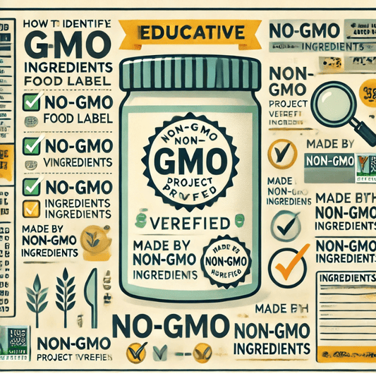  The image showcases an educational infographic on identifying Non-GMO food labels, highlighting verified certifications, ingredient transparency, and a central product resembling plant jerky packaging.