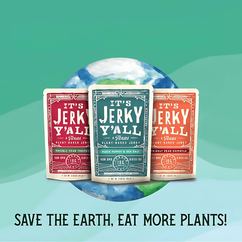 Three flavors of It's Jerky Y'all Texas plant-based jerky, promoting plant-based proteins with the message 'Save the Earth, Eat More Plants' against a green and earth-themed background.