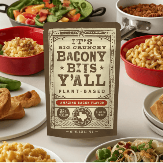 Delicious plant-based Bacon Bits Meatless by Y’all Foods, featured alongside salads, pasta, and casseroles, providing a savory, crunchy, and vegan-friendly bacon alternative.