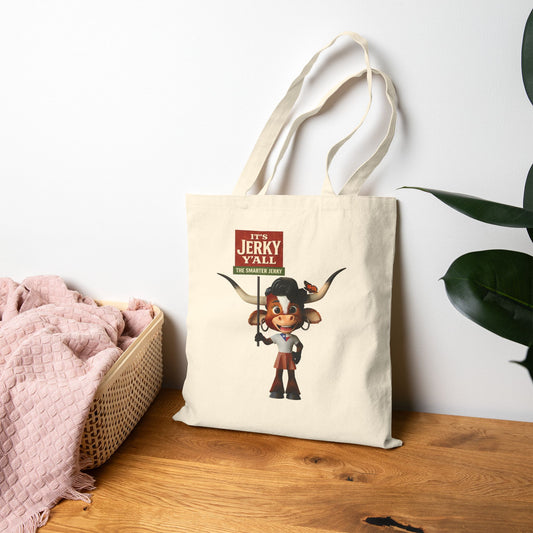 Cute Luna the Longhorn Cowgirl Tote Bag - "It's Jerky Y'all" Canvas Grocery/Market Tote