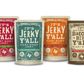 A variety of It's Jerky Y'all plant-based jerky flavors, including Prickly Pear Teriyaki, Black Pepper & Sea Salt, Prickly Pear Chipotle, and Bacony Bits, offering some of the best vegan snacks to buy for a healthy, high-protein, gluten-free snack option.