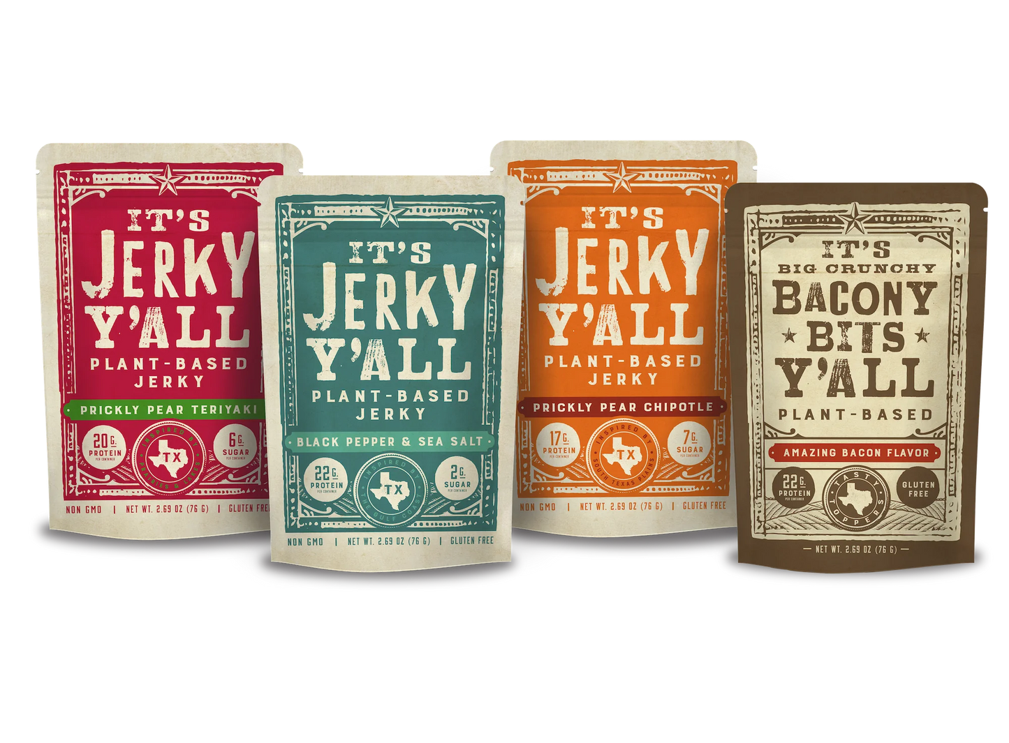 A variety of It's Jerky Y'all plant-based jerky flavors, including Prickly Pear Teriyaki, Black Pepper & Sea Salt, Prickly Pear Chipotle, and Bacony Bits, offering some of the best vegan snacks to buy for a healthy, high-protein, gluten-free snack option.