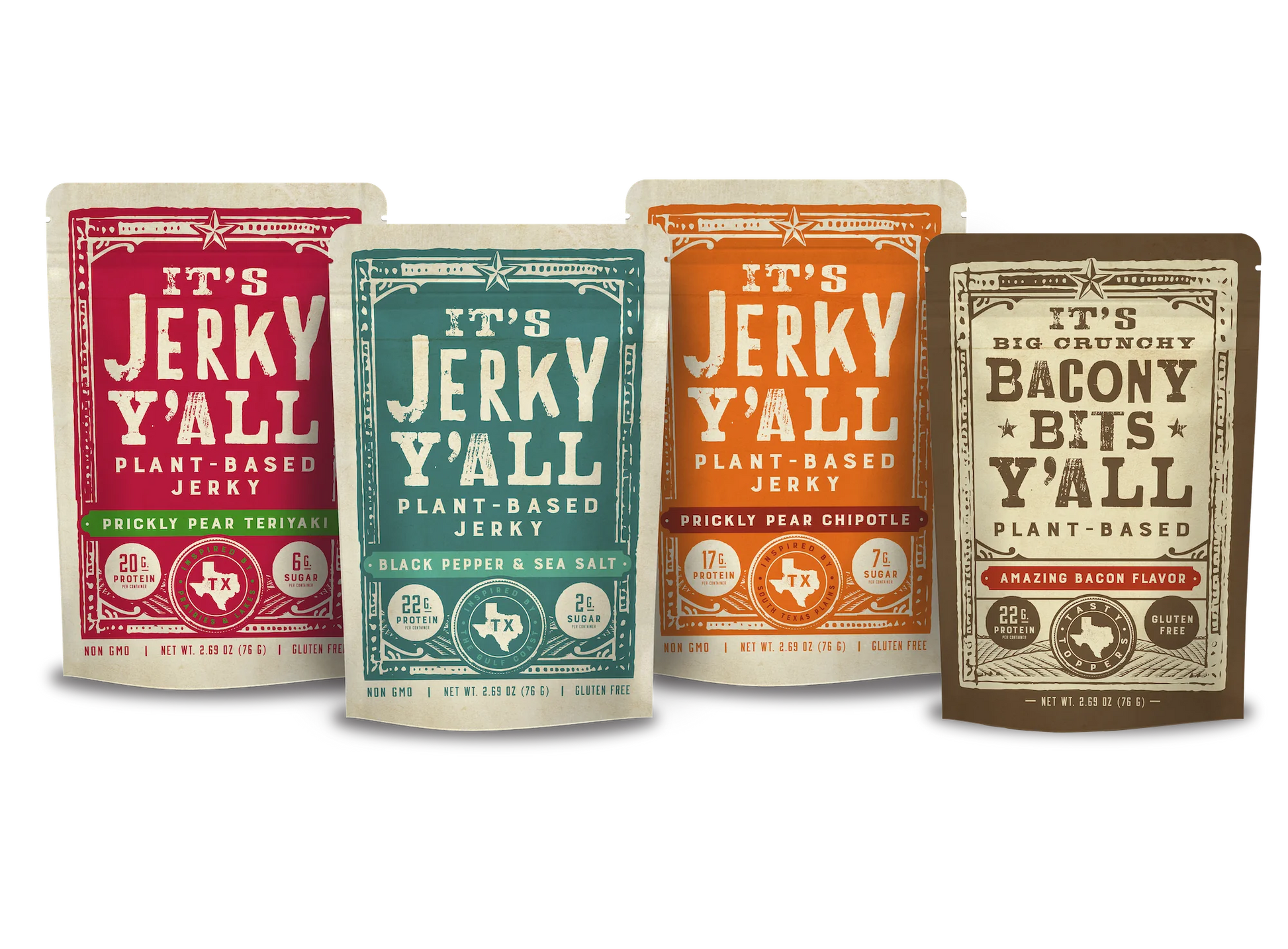 A variety of It's Jerky Y'all plant-based jerky flavors, including Prickly Pear Teriyaki, Black Pepper & Sea Salt, Prickly Pear Chipotle, and Bacony Bits, offering some of the best vegan snacks to buy for a healthy, high-protein, gluten-free snack option.