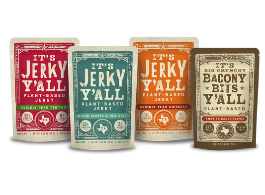 A variety of It's Jerky Y'all plant-based jerky flavors, including Prickly Pear Teriyaki, Black Pepper & Sea Salt, Prickly Pear Chipotle, and Bacony Bits, offering some of the best vegan snacks to buy for a healthy, high-protein, gluten-free snack option.