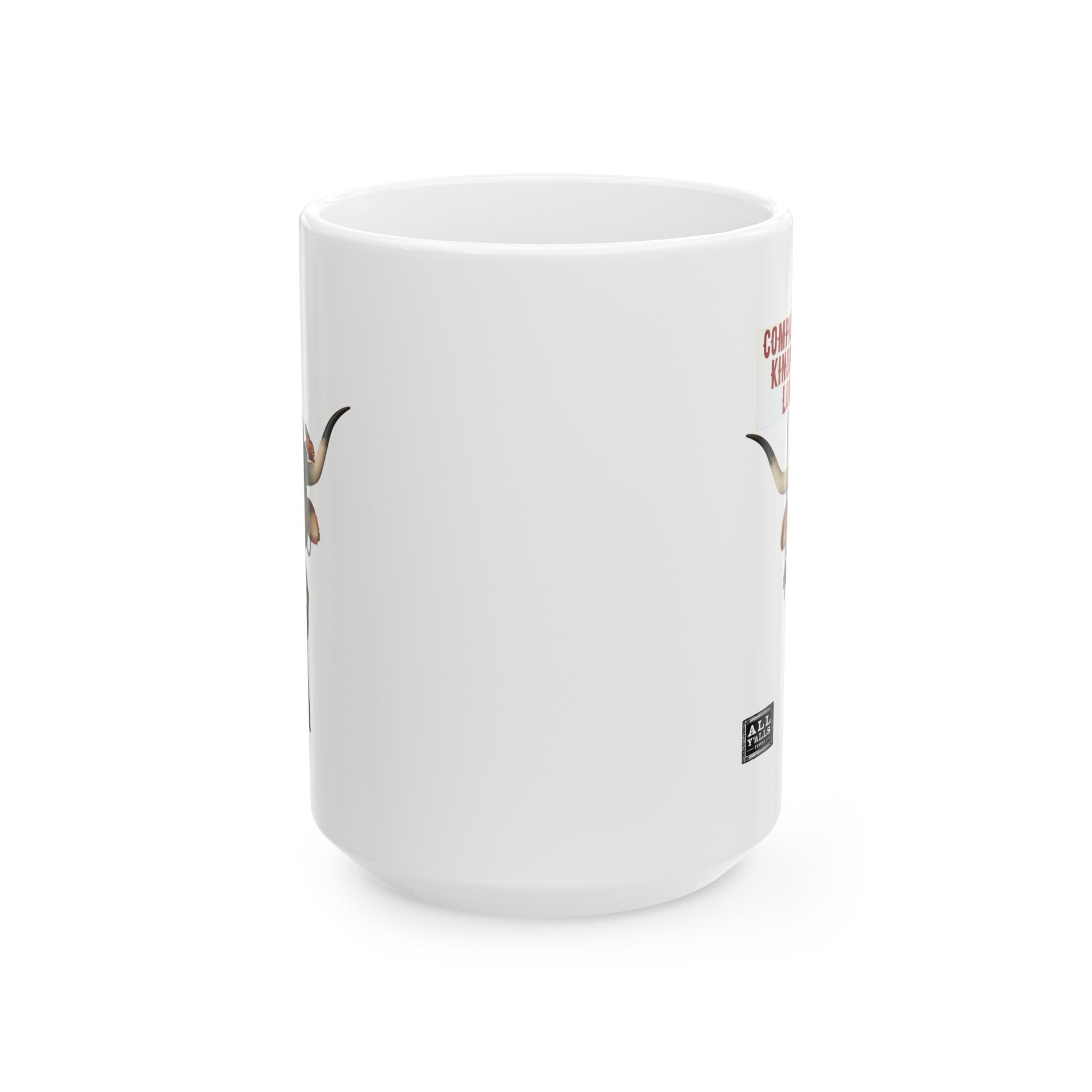 White ceramic coffee mug featuring Luna the Longhorn and the message 'Compassion, Kindness, Love,' perfect for those seeking a stylish ceramic coffee mug with a positive message.