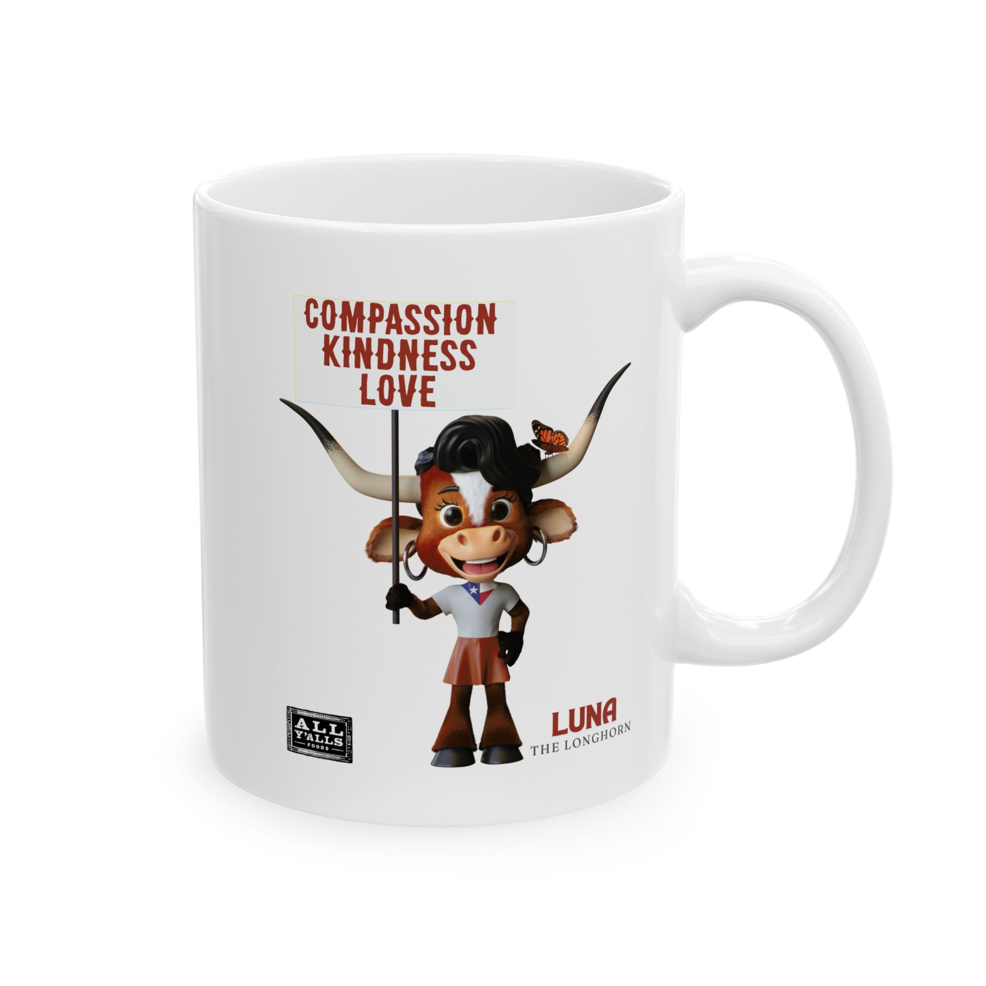 White ceramic coffee mug featuring Luna the Longhorn and the message 'Compassion, Kindness, Love,' perfect for those seeking a stylish ceramic coffee mug with a positive message.