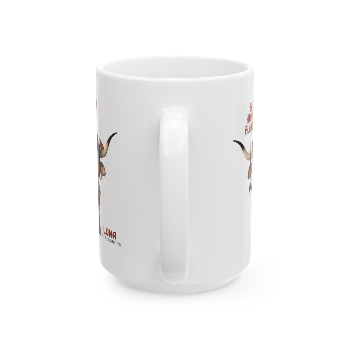 White ceramic coffee mug featuring Luna the Longhorn and the message 'Compassion, Kindness, Love,' perfect for those seeking a stylish ceramic coffee mug with a positive message.