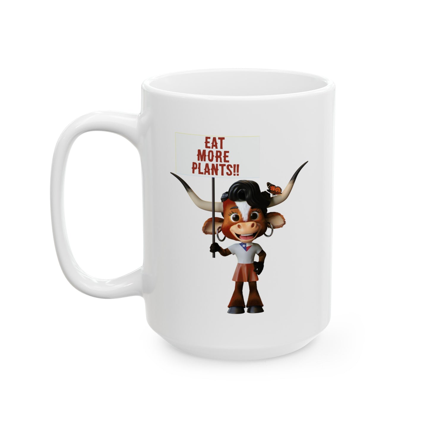 White ceramic coffee mug featuring Luna the Longhorn and the message 'Compassion, Kindness, Love,' perfect for those seeking a stylish ceramic coffee mug with a positive message.