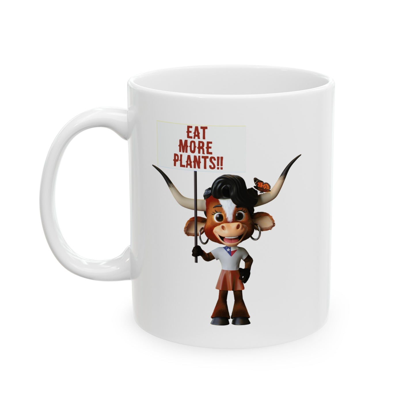 White ceramic coffee mug featuring Luna the Longhorn and the message 'Compassion, Kindness, Love,' perfect for those seeking a stylish ceramic coffee mug with a positive message.