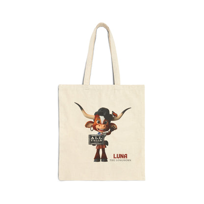 Cotton canvas tote bag featuring Luna the Longhorn made from durable cotton, perfect as a reusable cotton canvas tote bag for everyday use