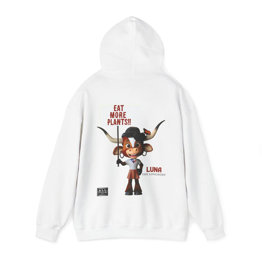 Comfy hooded sweatshirt featuring an animated character named Luna, promoting plant-based eating with the phrase 'Eat More Plants!!' displayed on the back