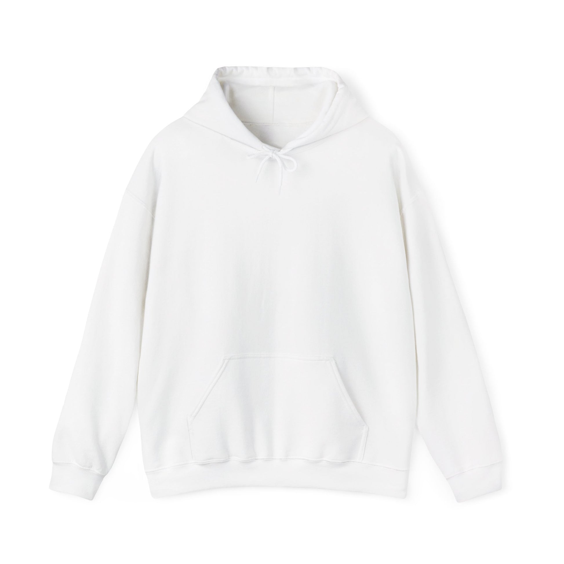 Plain white comfy hooded sweatshirt with a classic front pocket and drawstring hood, offering a simple and relaxed style.