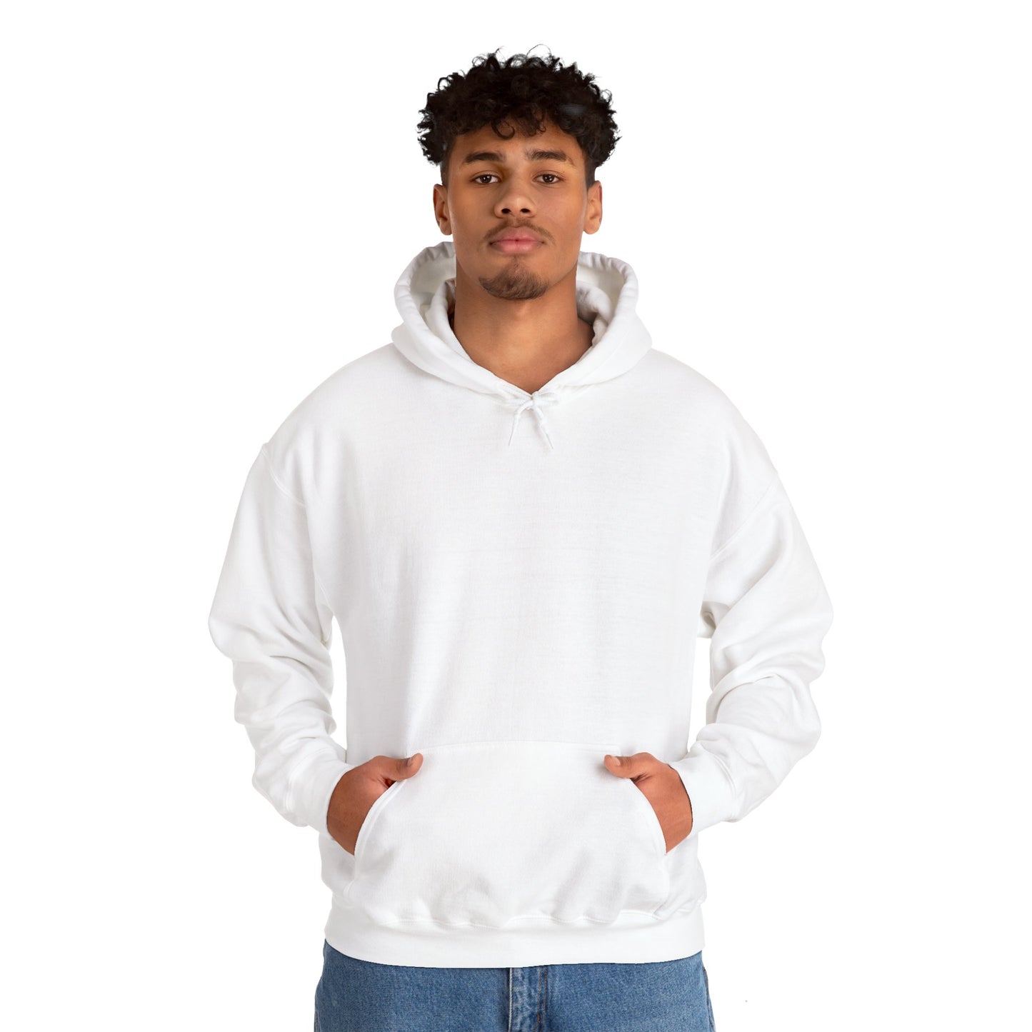 Model wearing a comfy hooded sweatshirt in plain white, featuring a relaxed fit with a front pocket and drawstring hood, perfect for casual comfort.