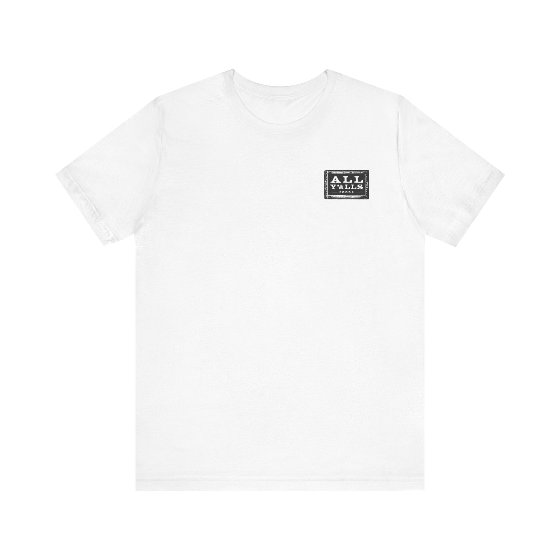 Short sleeve tee with a minimalist design featuring a small 'All Y'alls' logo on the front, ideal for casual wear and comfort.