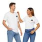 Two models wearing white short sleeve tees with 'All Y'alls' logo on the front, showcasing a casual and comfortable style for both men and women.