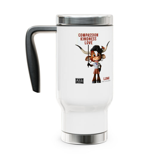 Stainless steel mug featuring a cute animated character named Luna, promoting compassion, kindness, and love, with a durable black handle and sleek design.