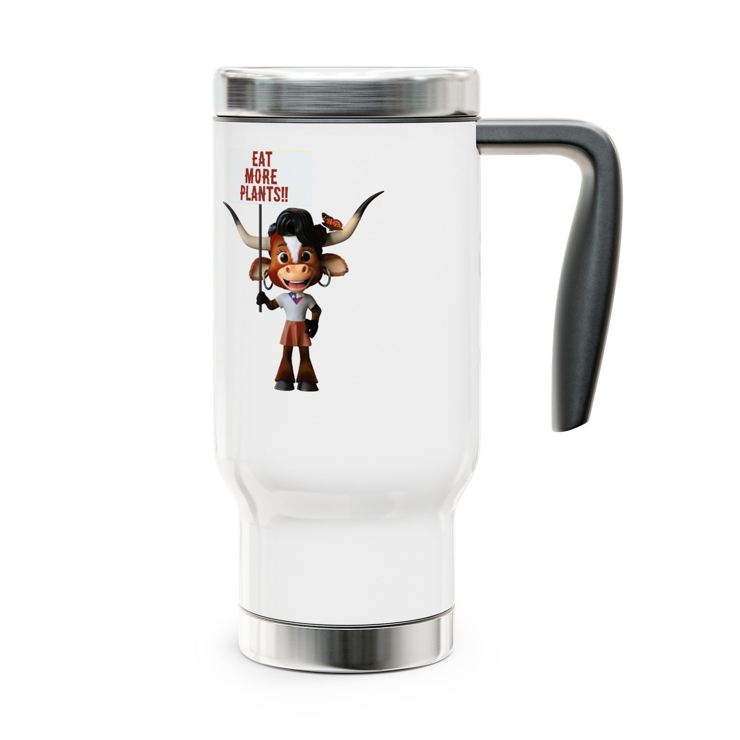 Stainless steel mug featuring a cute animated character named Luna, promoting compassion, kindness, and love, with a durable black handle and sleek design.