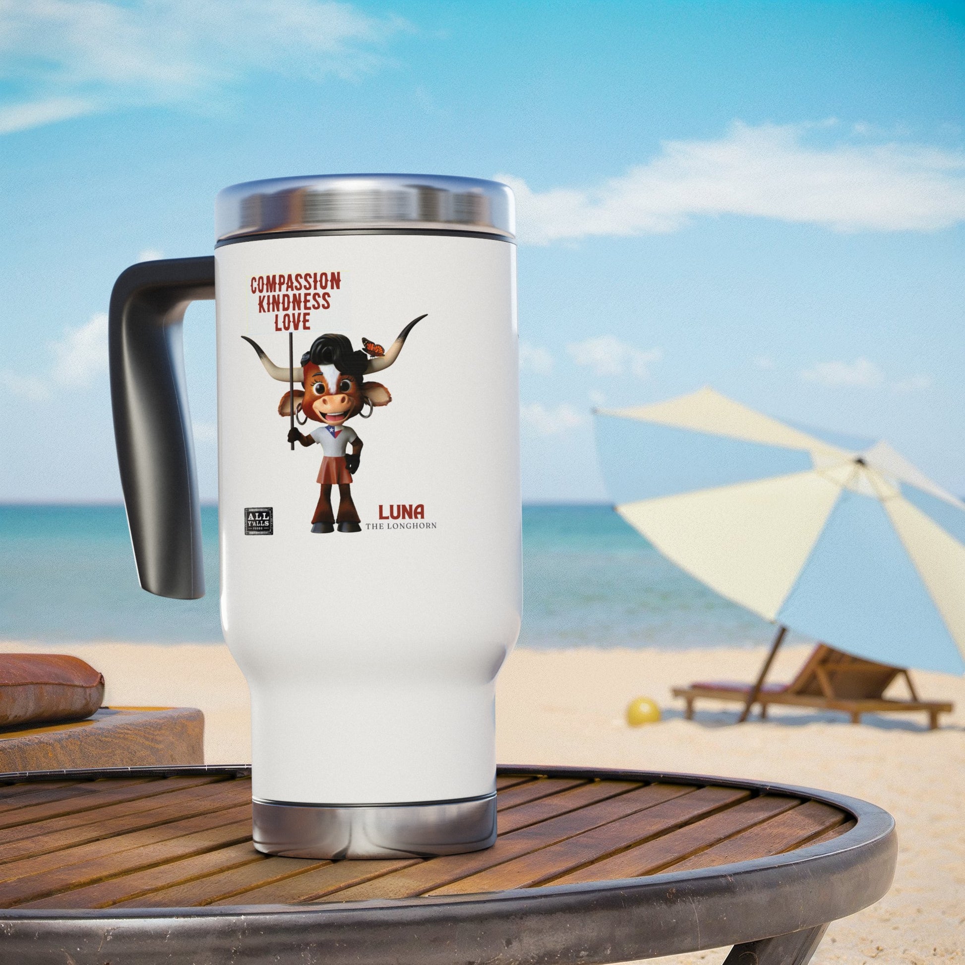 Stainless steel mug featuring a cute animated character named Luna, promoting compassion, kindness, and love, with a durable black handle and sleek design.