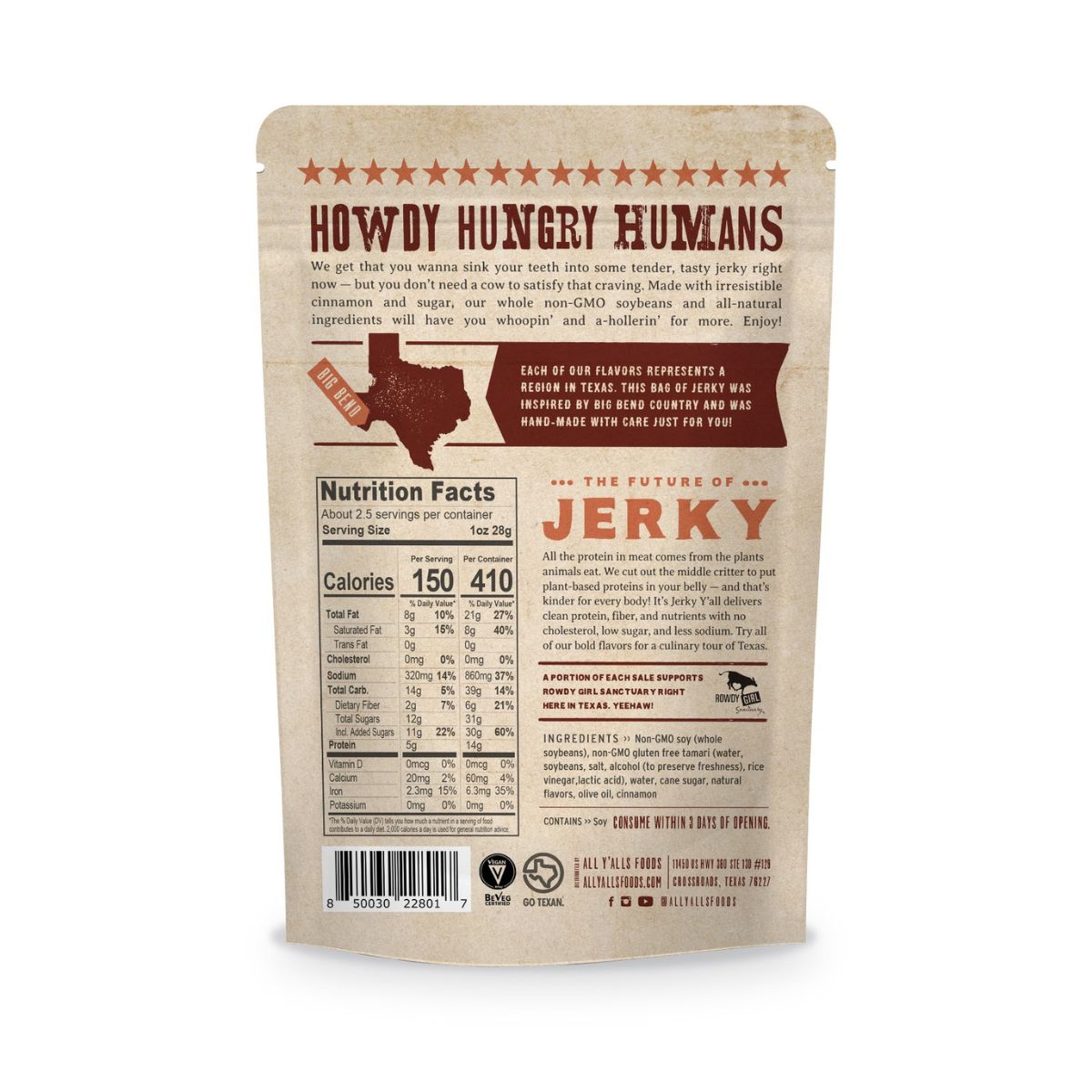 Back of 'It's Jerky Y'all' plant-based vegan friendly snacks by All Y'alls Foods, featuring Big Bend Country flavor with nutritional information