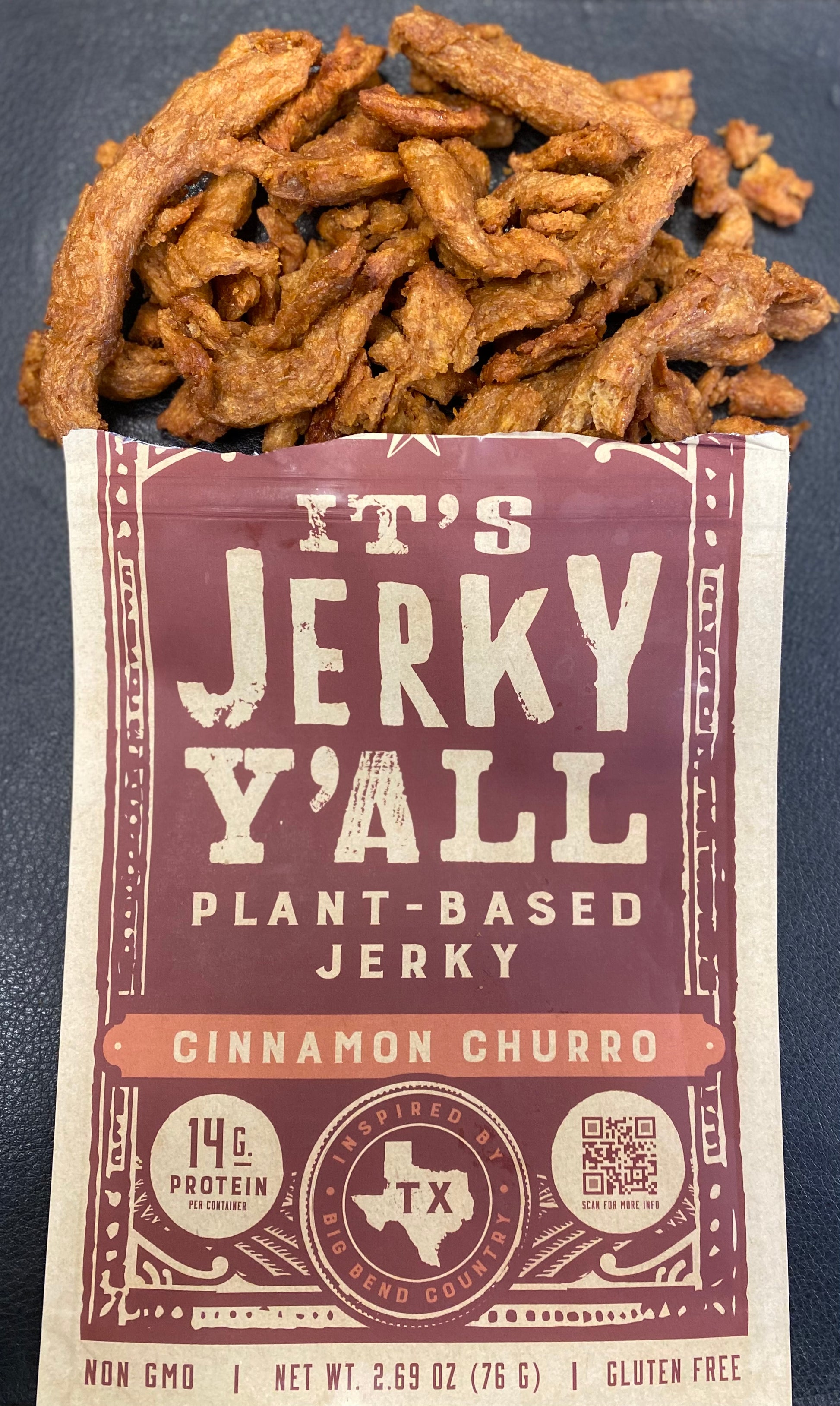 Cinnamon Churro plant-based jerky, a vegan-friendly, gluten-free snack packed with 14g of protein, ideal for those seeking delicious vegan jerky and healthy plant-based treats.