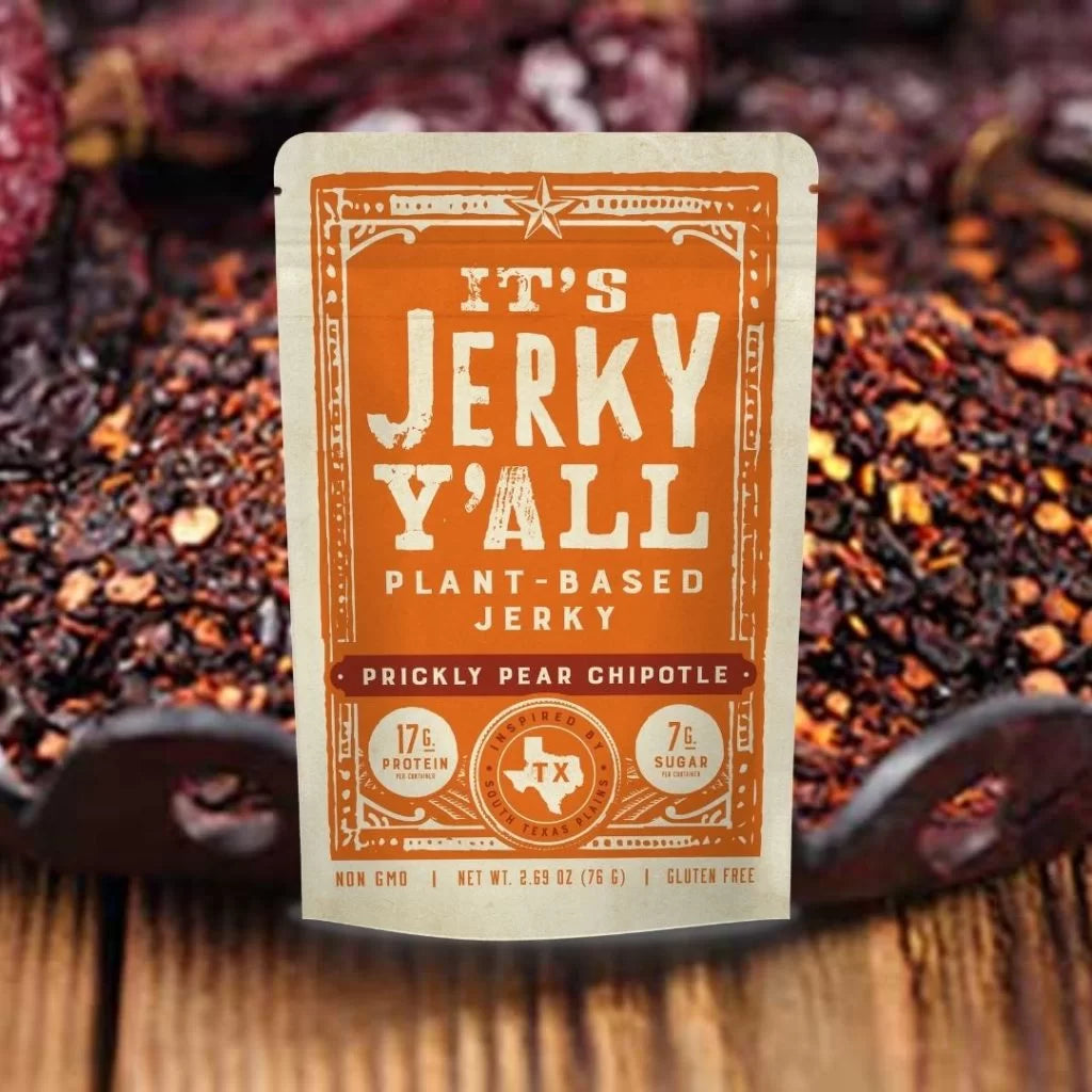 Bag of 'It’s Jerky Y’all' Prickly Pear Chipotle flavor, a vegan jerky made from organic plant-based protein, promoting healthy organic snacks. - all y'alls foods