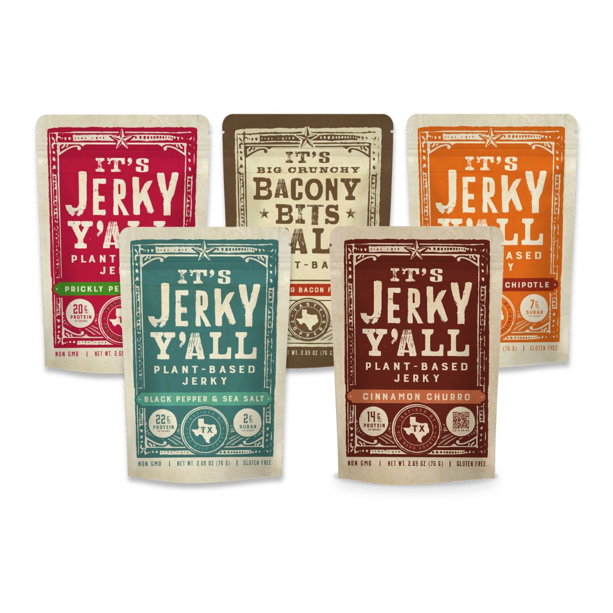 Five flavors on plant-based jerky and bacony bits, variety pack.