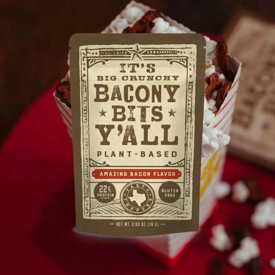 Bag of 'It’s Big Crunchy Bacony Bits Y’all,' a plant-based snack with an amazing bacon flavor, made from organic plant-based protein, promoting healthy organic snacks and vegan jerky alternatives.- all y'alls foods