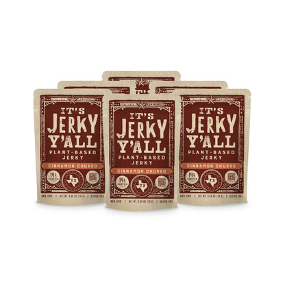 Cinnamon Churro Retail 6-Pack of plant-based jerky, offering a vegan-friendly, gluten-free snack with 14g of protein, perfect for those seeking delicious vegan jerky and healthy treats.