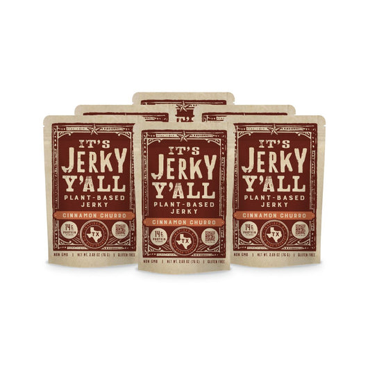 Cinnamon Churro Retail 6-Pack of plant-based jerky, offering a vegan-friendly, gluten-free snack with 14g of protein, perfect for those seeking delicious vegan jerky and healthy treats.