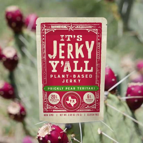 Bag of 'It’s Jerky Y’all' Prickly Pear Teriyaki vegan jerky, made from organic plant-based protein, promoting healthy organic snacks. - al y'alls foods