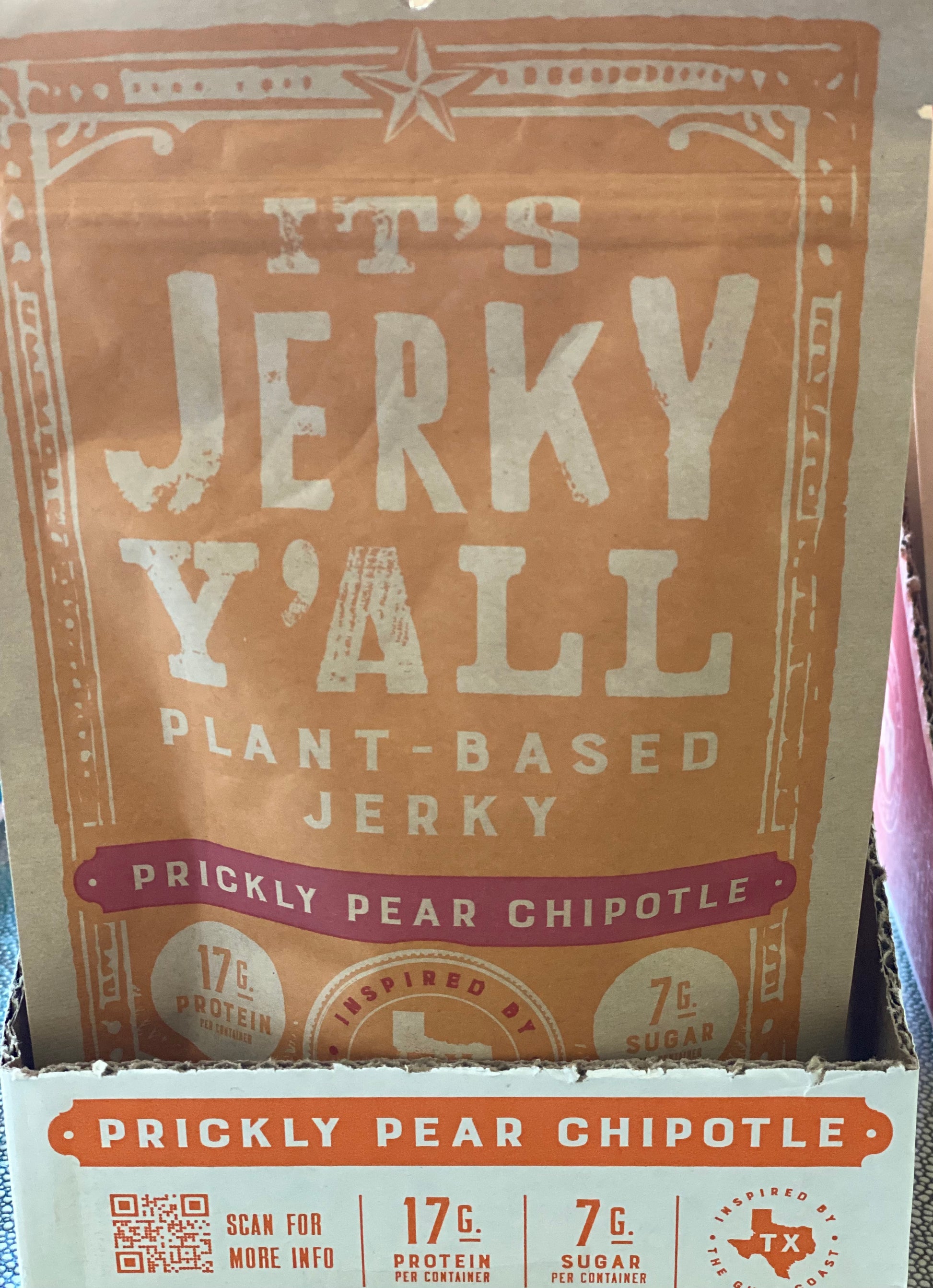 Close-up of It's Jerky Y'all Prickly Pear Chipotle plant-based jerky packaging, highlighting 17g of protein and 7g of sugar per serving, a perfect option for healthy vegan snacks to buy and healthy vegan snack ideas.