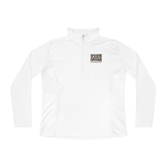 All Y'alls Foods branded women's quarter zip pullover in white, featuring a sleek design and comfortable fit, perfect for casual wear or layering on cool days.