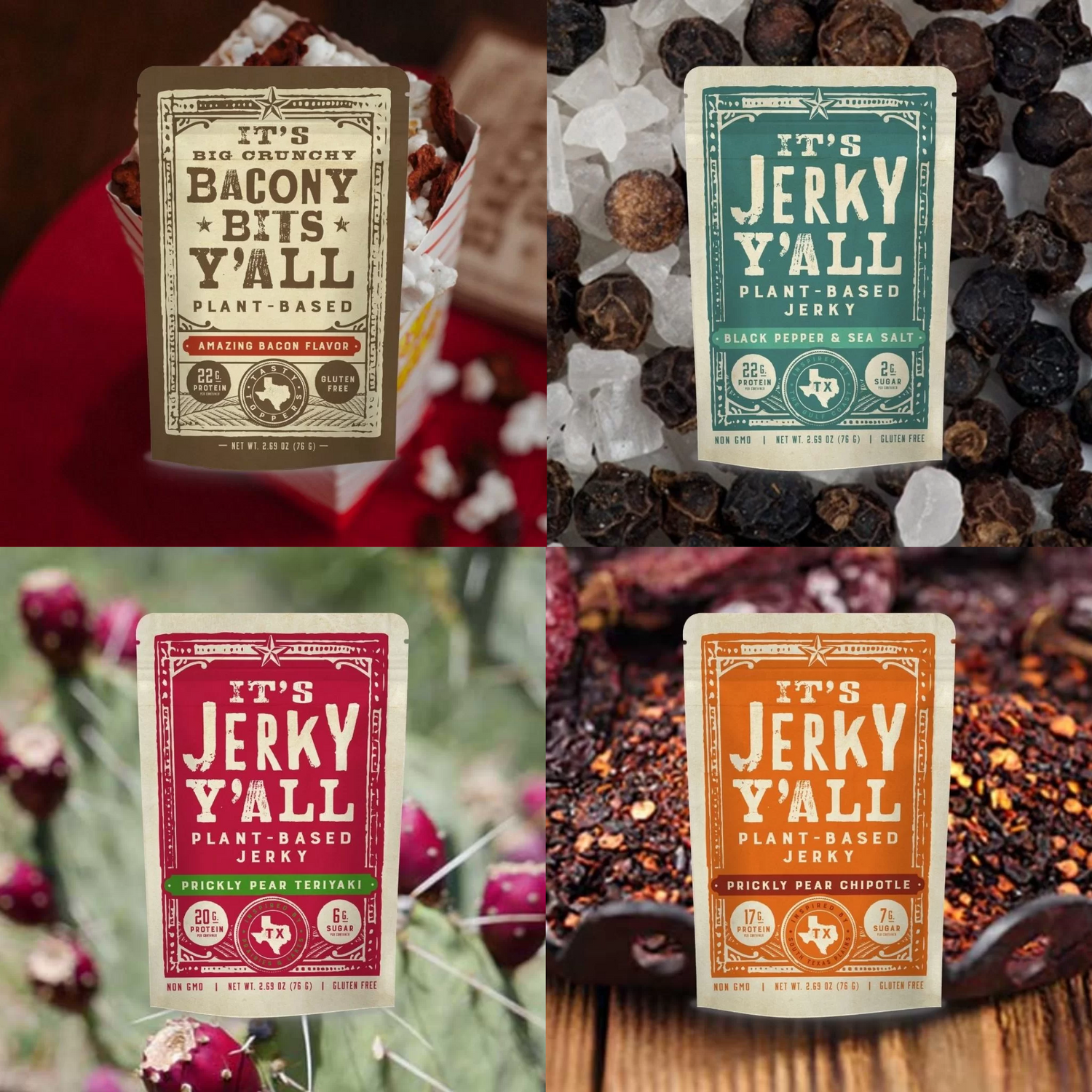 Variety of 'It’s Jerky Y’all' plant-based jerky flavors, including Black Pepper & Sea Salt, Prickly Pear Teriyaki, Prickly Pear Chipotle, and Bacony Bits Y’all, showcasing healthy snack packs and the best vegan snacks.