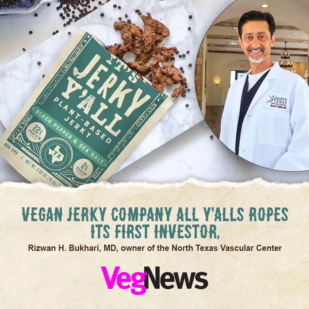 VegNews article featuring 'It’s Jerky Y’all' Black Pepper & Sea Salt plant-based jerky, highlighting Dr. Rizwan H. Bukhari as the first investor in the vegan snacks company All Y'alls Foods.